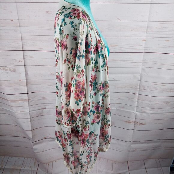 Mason + MacKenzie Pink Floral Open Cardigan Womens Size Medium Dolman Sleeves - Picture 3 of 11